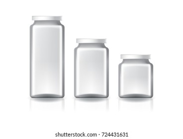 3 sizes of blank clear square jar with white flat lid for supplements or food product. Isolated on white background with reflection shadow. Ready to use for package design. Vector illustration.