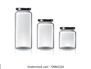 3 sizes of blank clear square jar with black flat lid for supplements or food product. Isolated on white background with reflection shadow. Ready to use for package design. Vector illustration.