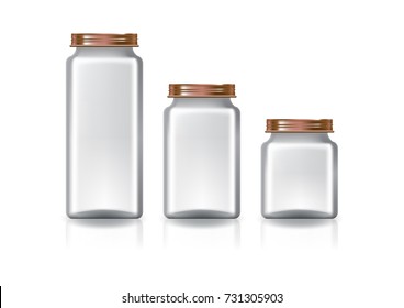 3 sizes of blank clear square jar with copper screw lid for supplements or food product. Isolated on white background with reflection shadow. Ready to use for package design. Vector illustration.