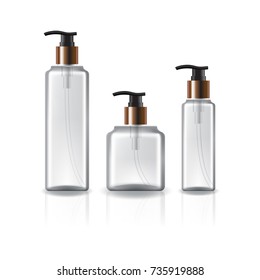 3 sizes of square cosmetic bottle with pump head and copper ring for beauty, healthy product. Isolated on white background with reflection shadow. Ready to use for package design. Vector illustration.