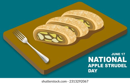 3 rodajas de manzana strudel colocadas sobre un plato de madera y un tenedor. El Apple Strudel es un postre vienés hecho de hojas para la masa, manzanas, azúcar y una variedad de especias. celebrando el Estrecho Nacional de Apple 