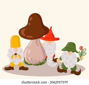 3 small garden gnomes with a large mushroom
