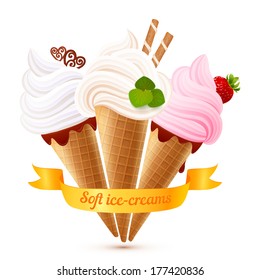 3 soft ice-cream cones with yellow ribbon, vector illustration
