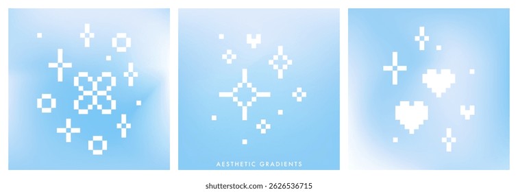 3 square light blue gradient backgrounds with pixel style sparkle, star, heart elements. Pixel dreamy pattern and pastel texture. Modern digital elegant wallpaper template. Abstract bg