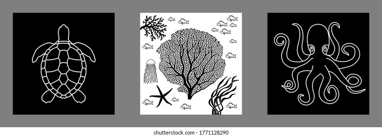 3 square posters on the theme of the sea with black and white silhouettes of a turtle, an octopus and coral.