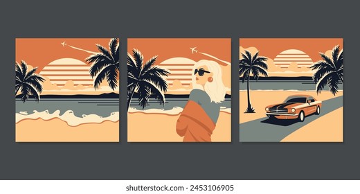 3 Square Retro Style Summer Posters with Sea and Beach. Templates For social media posts for advertising, summer discounts, beach party invitations. Vector