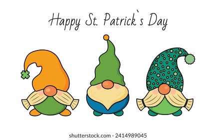 3 St. Patrick s Day Irish gnomes. Cartoon vector Leprechauns illustration for cards, decor, shirt design, invitation to the pub.