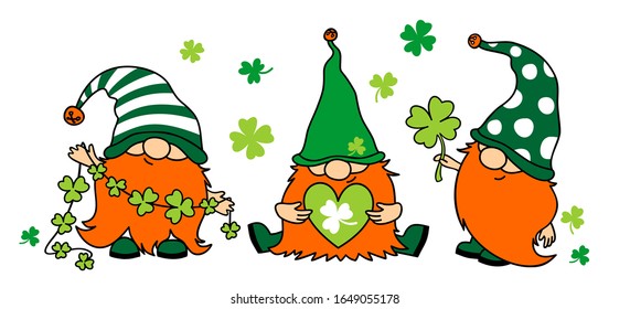 3 St. Patrick's Day Irish gnomes with clover for good luck. Cartoon vector Leprechauns illustration for cards, decor, shirt design, invitation to the pub.