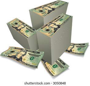 3 stacks of twenty dollar bliis with loose twentys in the foreground