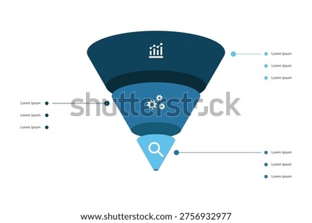 3 stage funnel business process infographic diagram with bar chart, gear, and magnifying glass icons for analytics, operations, and search