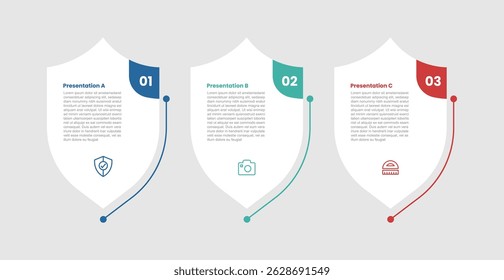 Diagrama infográfico de 3 estágios com grande forma de escudo distintivo separado à direita com 3 etapas para o vetor de apresentação de slides