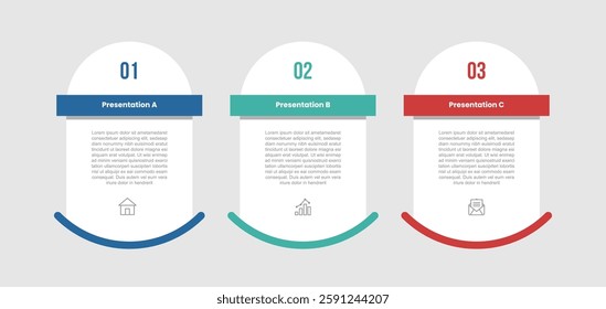 3 stage infographic diagram with creative round rectangle with header square badge with 3 step for slide presentation vector