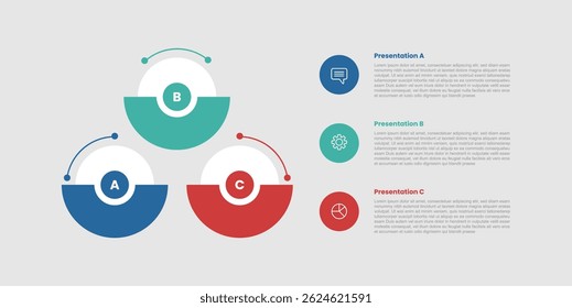 3 stage infographic diagram with creative circle create triangle structure with 3 step for slide presentation vector