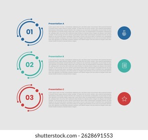 3 stage infographic diagram with creative circle outline with stacked list with 3 step for slide presentation vector