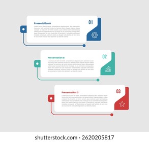 3 stage infographic diagram with long rectangle box waterfall or staircase structure with 3 step for slide presentation vector