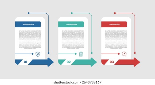 3 stage infographic diagram with round box table with arrow right direction at bottom with 3 step for slide presentation vector