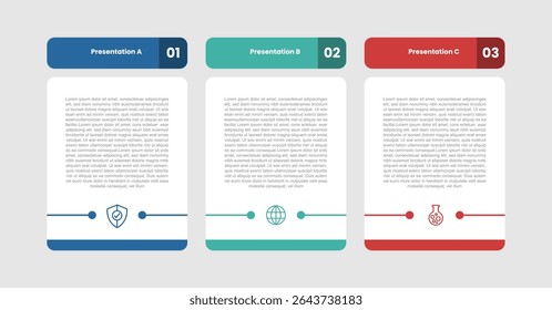 3 stage infographic diagram with round box table with separated header with 3 step for slide presentation vector