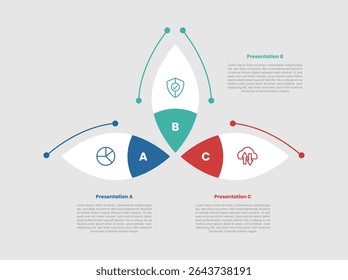 3 stage infographic diagram with round curve edge with center pointer position with 3 step for slide presentation vector