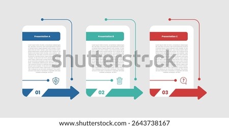 3 stage infographic diagram with round box table with arrow right direction at bottom with 3 step for slide presentation vector