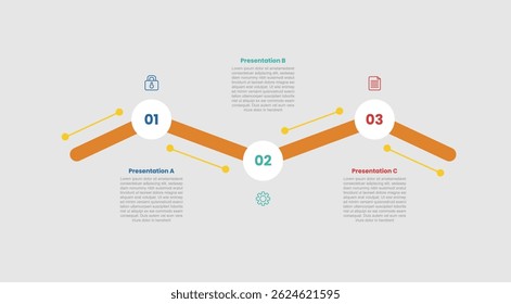 3 stage infographic diagram with small circle with thick line connection up and down with 3 step for slide presentation vector