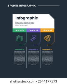 3 stage infographic process diagram with unite box table with vertical line dot connection with dark background bright outline style vector illustration