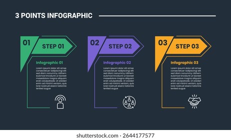 3-stufiges Infografik-Prozessdiagramm mit kreativem Pfeil-Tischkasten mit großem Kopf und dunklem Hintergrund, heller Umriss, Vektorgrafik