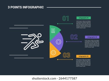 3 stage infographic process diagram with half circle with dot line pointer with dot line with dark background bright outline style vector illustration