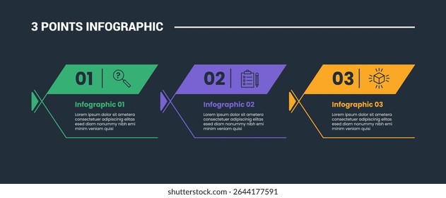 3 stage infographic process diagram with fish box container with thick header and open cut box with dark background bright outline style vector illustration
