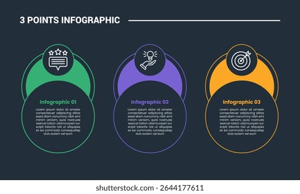 3 stage infographic process diagram with big circle cut slice combination with dark background bright outline style vector illustration