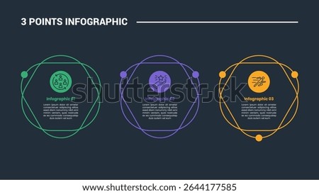 3 stage infographic process diagram with creative circle box stack layer with horizontal direction with dark background bright outline style vector illustration