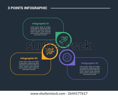 3 stage infographic process diagram with round rectangle with circular circle cycle with dark background bright outline style vector illustration