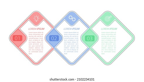 3 stages of development, improvement or training. Infographics with visual action icons for business, finance, project, plan or marketing. Flat vector style