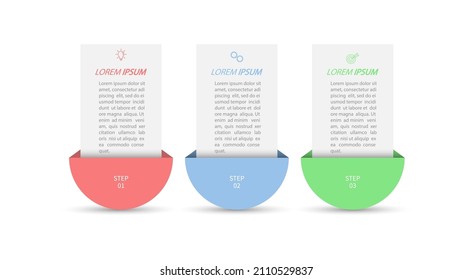 3 stages of development, improvement or training. Infographics with visual action icons for business, finance, project, plan or marketing. Flat vector style