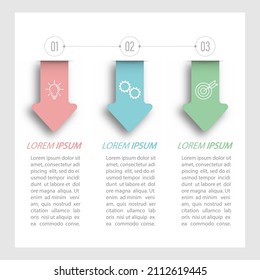 3 Stufen der Entwicklung, Verbesserung oder Ausbildung. Infografiken mit visuellen Action-Symbolen für Unternehmen, Finanzen, Projekt, Plan oder Marketing. Flacher Vektorstil