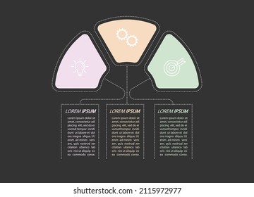 3 stages of development, improvement or training. Infographics with visual action icons for business, finance, project, plan or marketing. Flat vector style