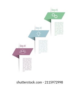 3 stages of development, improvement or training. Infographics with visual action icons for business, finance, project, plan or marketing. Flat vector style