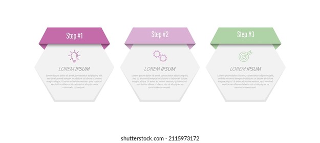 3 stages of development, improvement or training. Infographics with visual action icons for business, finance, project, plan or marketing. Flat vector style