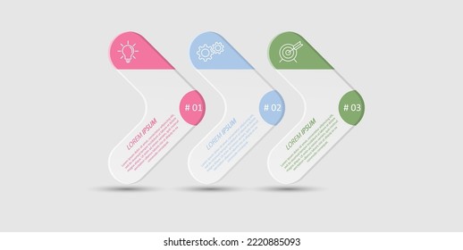 3 stages of development, improvement or training. Infographics with visual action icons for business, finance, project, plan or marketing. Flat vector style