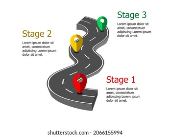 3 stages roadmap infographic template. Road style infographic design. Can be used for presentation or any purposes. Vector EPS10