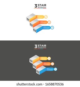 3 stair step timeline infographic element. Business concept with three options and number, steps or processes. data visualization. Vector illustration. isolated black and white background