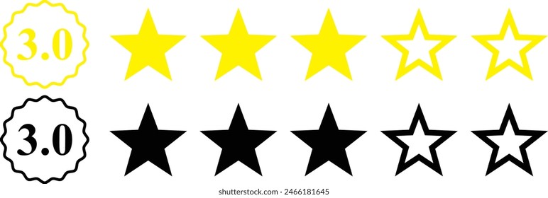 3 star rating, rate us, review vector icon set isolated on white background. icons for game, rating, ui, feedback, website.  Product rating or customer review with gold n black full and half star 