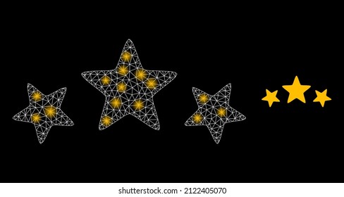 3 Stars Rate Icon And Bright Mesh Net 3 Stars Rate Model With Flare Light Spots. Illuminated Model Done From 3 Stars Rate Vector Icon And Triangle Mesh. Flare Frame 3 Stars Rate,