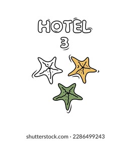 3 stars rating hotel, service. Hand drawn sketched picture with one starfish. Doodle cartoon illustration on white background