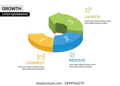 Ilustración vectorial de infografía de escalera de flecha 3D de 3 pasos. Concepto de infografía de proyección de crecimiento empresarial.