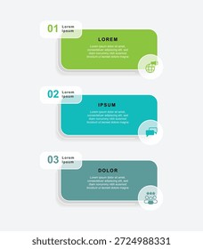 Elemento de vetor de modelo de infográfico de negócios de 3 etapas. 3 colunas com ícones coloridos. Informações e apresentação do banner moderno.