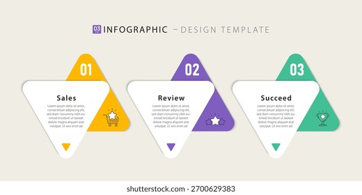 3 step business infographic triangle design template, modern flat colorful layout for marketing strategy, performance analysis, business growth and corporate presentation, vector illustration.
