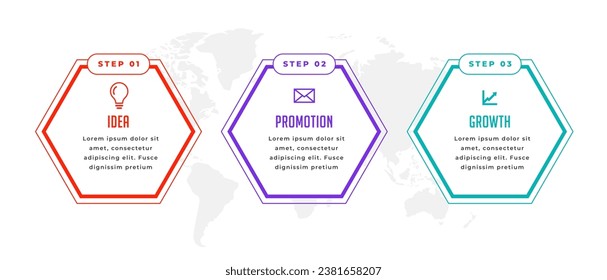 plantilla de diagrama de flujo de trabajo de infografía de negocios de 3 pasos para vector de visualización de datos