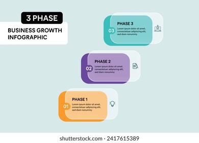 3 Step Business Process Timeline Infographics. Colorful Rectangle Shape Glassmorphism Effect. Vector Illustration.