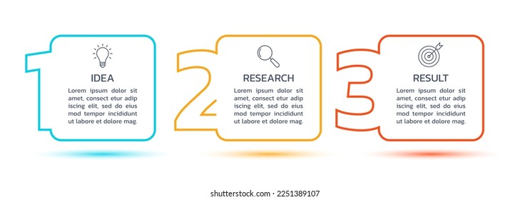 3 step chart design. Three options process diagram with outline icons. Timeline info graphic. Modern layout, business presentation template. Vector illustration.