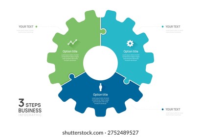 3 step gear circle Business Infographic jigsaw label design with icons. flow chart presentations.